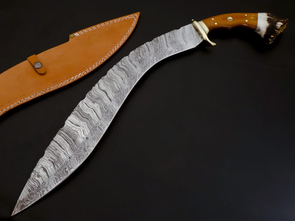 Custom Handmade Damascus Full TangKukri Brass-Micarta-Camel Pin Dear Crown Handle - Image 2