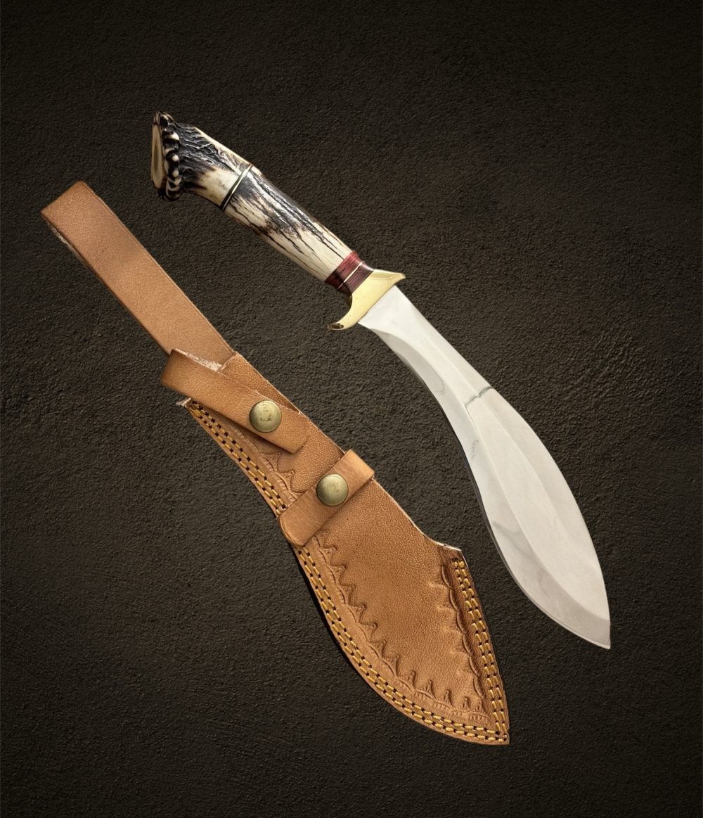 Custom Handmade 12C27 Steal Kukri Brass-Stag\Antler Crown Handle With Sheath