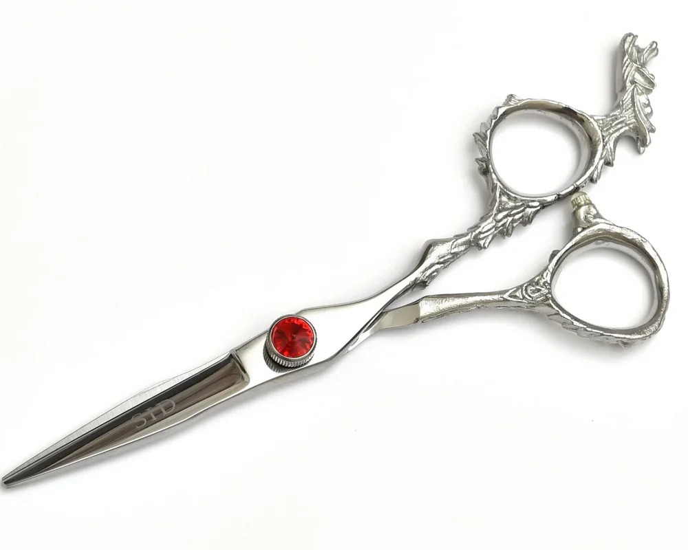 Ornate Silver Shears with Red Gem Leaf Handle