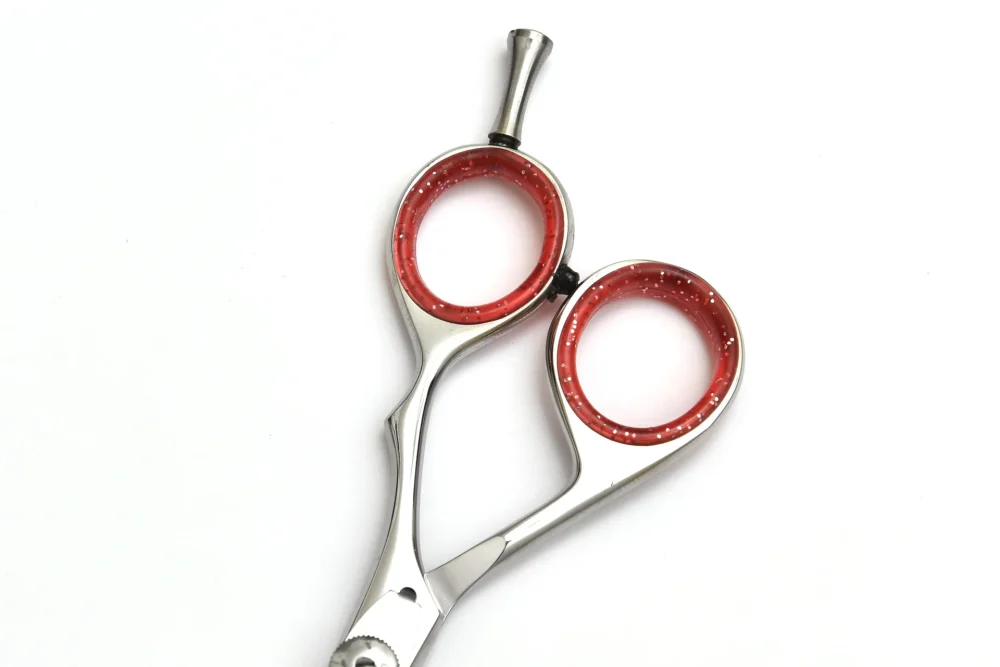 Glitter Handle Hair Cutting Scissors – Red & Silver Finish - Image 3